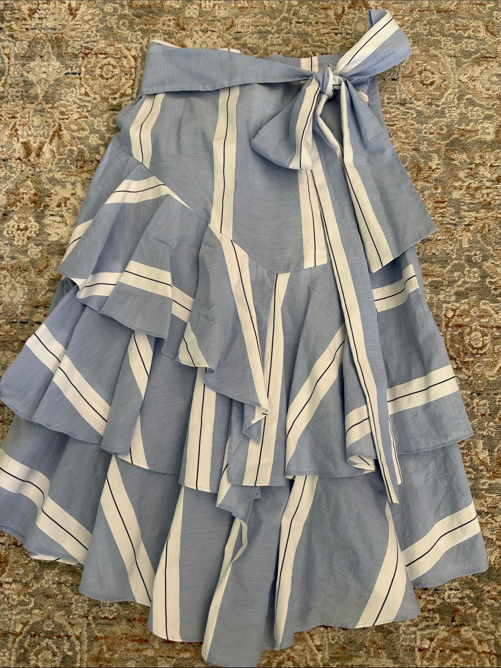 NWOT ZARA layer Blue & White Striped Ruffle Skirt sash belt Sz XS from France